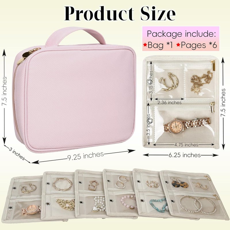 LingLingo Travel Jewelry Organizer Case,Small Jewelry Bags Jewelry Storage Book Binder with Clear Zipper Velvet Pouch for Traveling,Earrings, Rings, Necklace, Bracelet (Pink) - Image 2